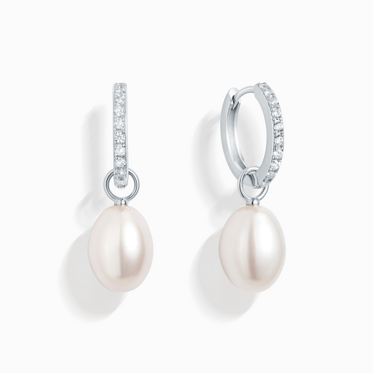 Pearl Hoop Drop Earrings with Removable Pearls in Sterling Silver