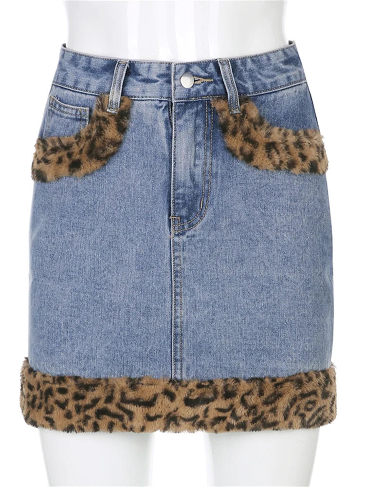 Leopard Printed Skinny Bodycon Aesthetic Denim Skirt