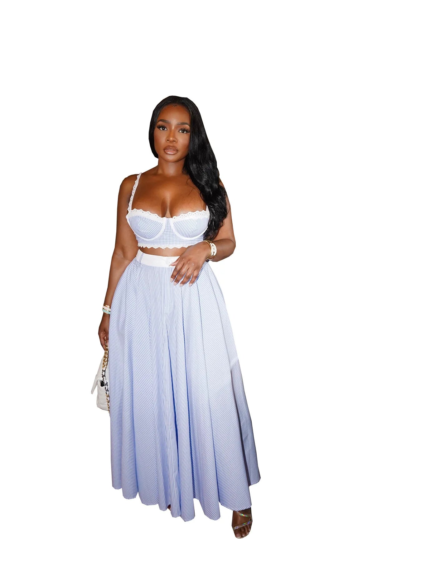 FAGADOER Elegant Lace Patchwork 2 Pieces Set for Woman Spaghetti Strap Stripes Camisole and Skirt Female Streetwear Vestidos New