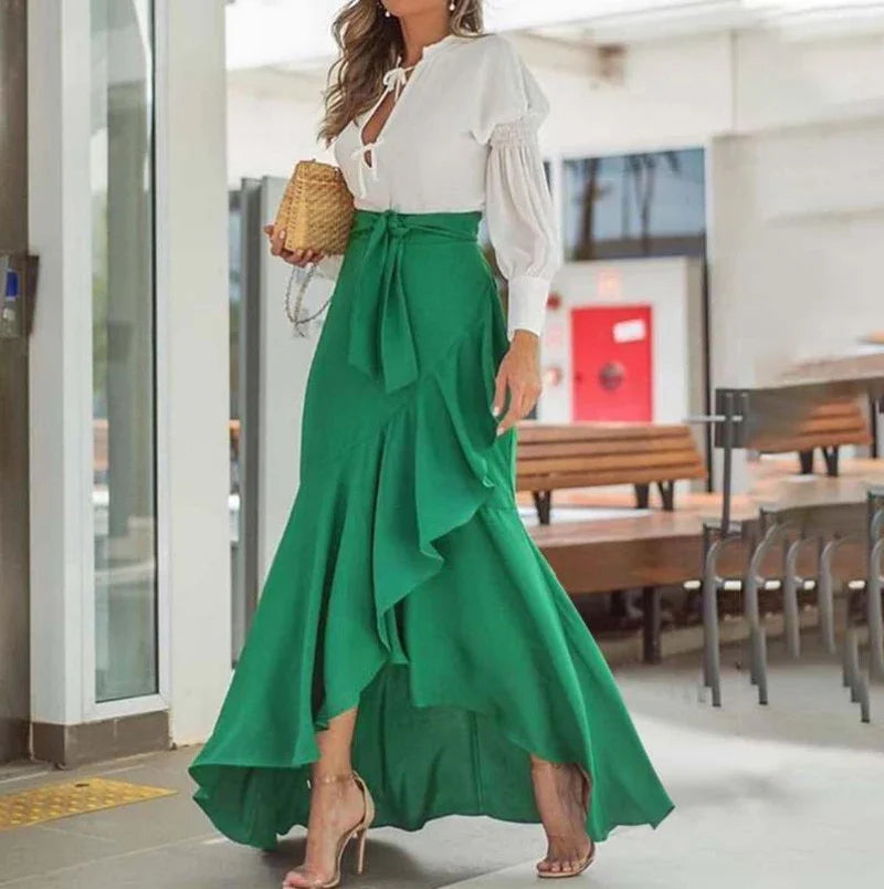 Ruffle-Hem Casual Elastic-Waist Mermaid Maxi Skirt