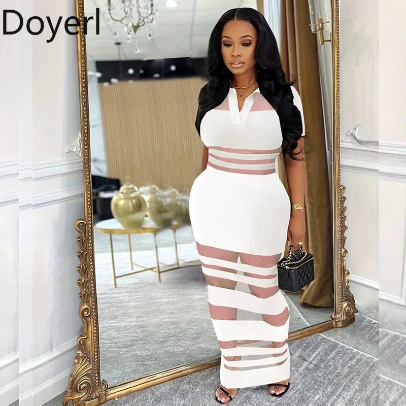 Doyerl See Through Mesh Patchwork Bodycon Maxi Dress Women Night Out Club Party Short Sleeve Polo Collar Sheath Long Dresses