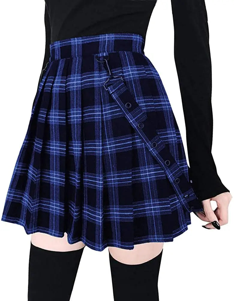 A-Line Decorative Strap Plaid Pleated Mini Skirt