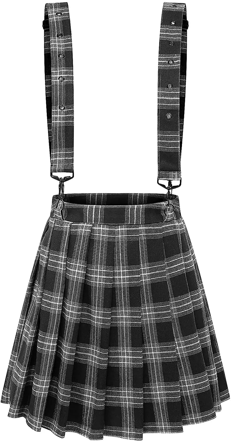 A-Line Decorative Strap Plaid Pleated Mini Skirt