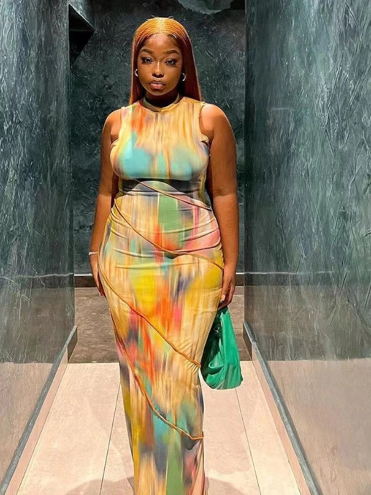Kliou Aesthetic Colourful Tie-Dye Bodycon Maxi Dress