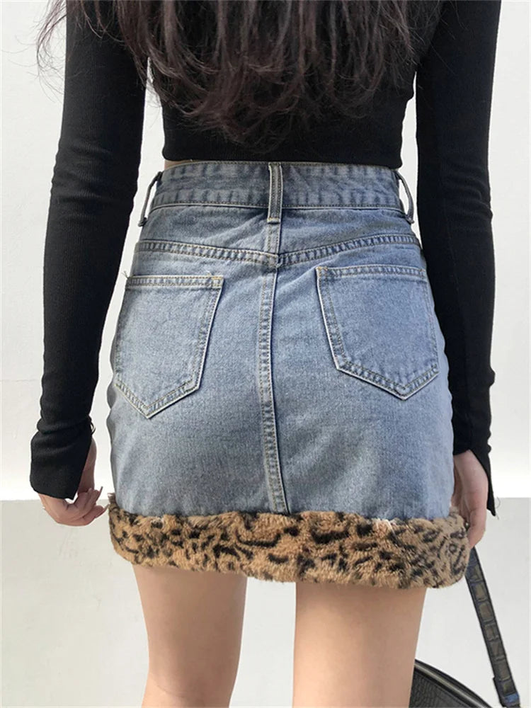 Leopard Printed Skinny Bodycon Aesthetic Denim Skirt