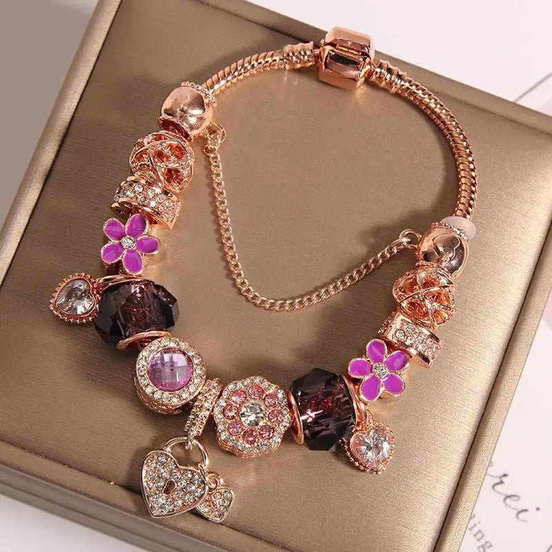 Rose Golden Purple Lloret Heart-Shaped Pendant Charm Bracelet