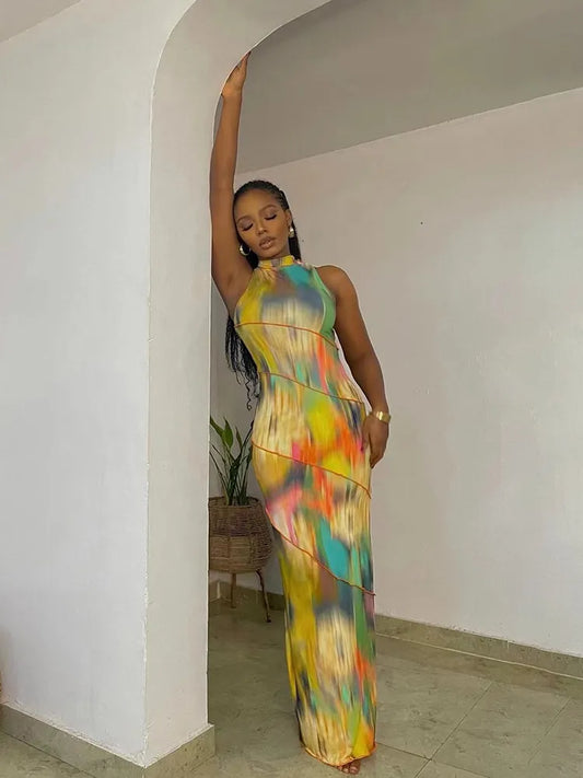 Kliou Aesthetic Colourful Tie-Dye Bodycon Maxi Dress