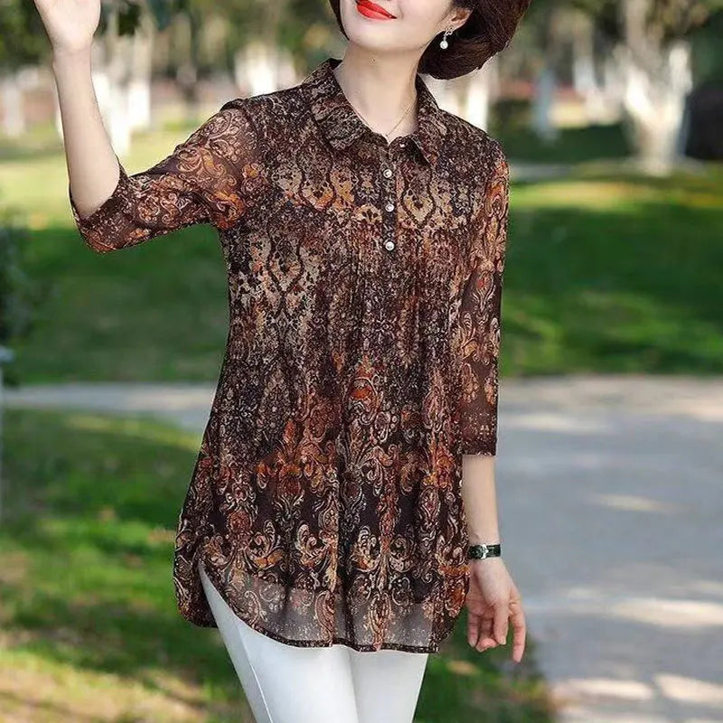 Turn-Down Collar Vintage Printed Blouse - Loose Midi Shirt