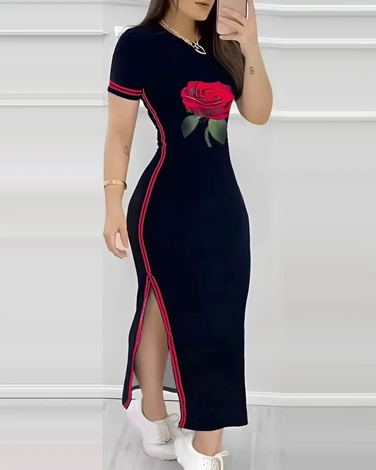 Striped High-Slit Casual O-Neck Maxi Dress