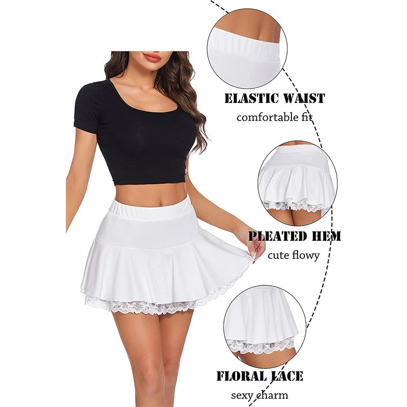 Lace-Hem Pleated Mini Skirt