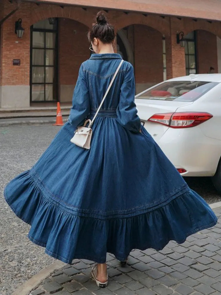 French Retro Denim Robe - Solid Large-Skirt Hem Long Dress