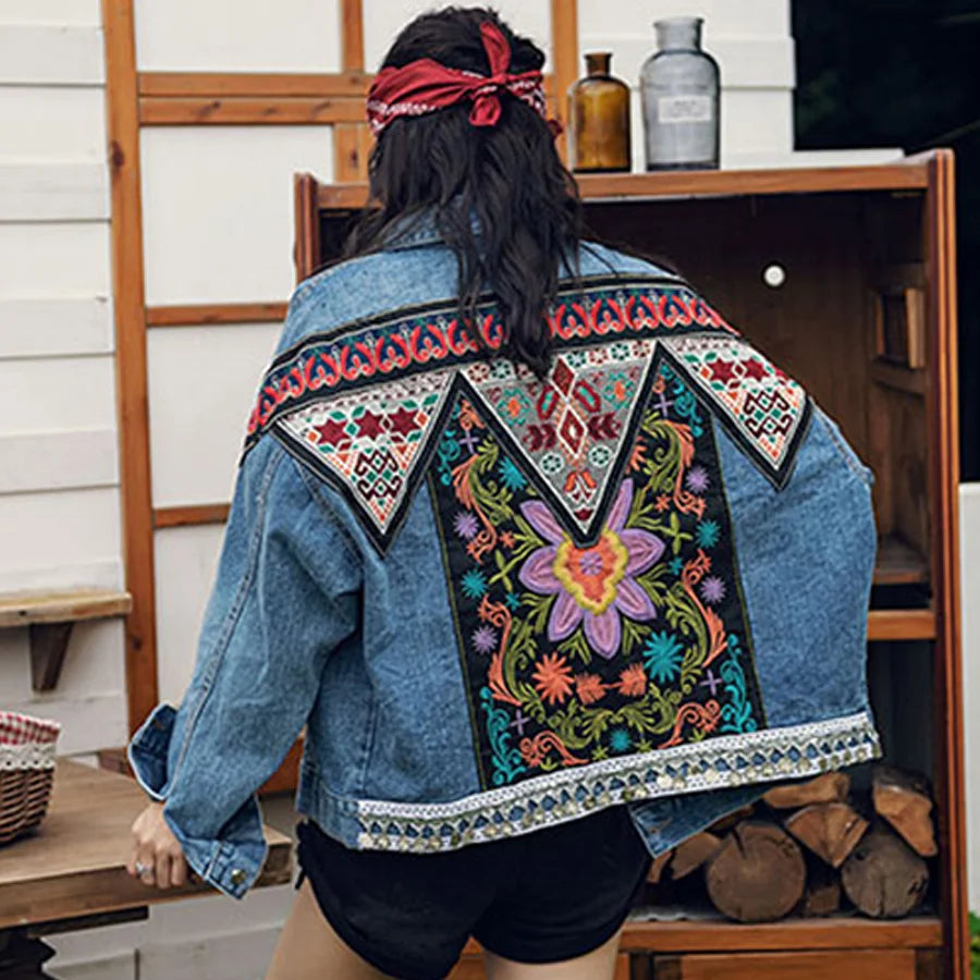 Floral Boho Denim Jacket For Women