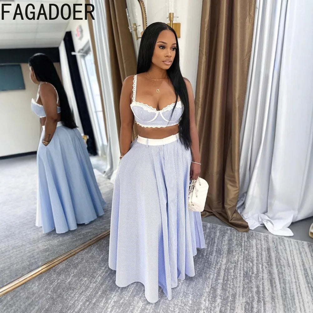FAGADOER Elegant Lace Patchwork 2 Pieces Set for Woman Spaghetti Strap Stripes Camisole and Skirt Female Streetwear Vestidos New