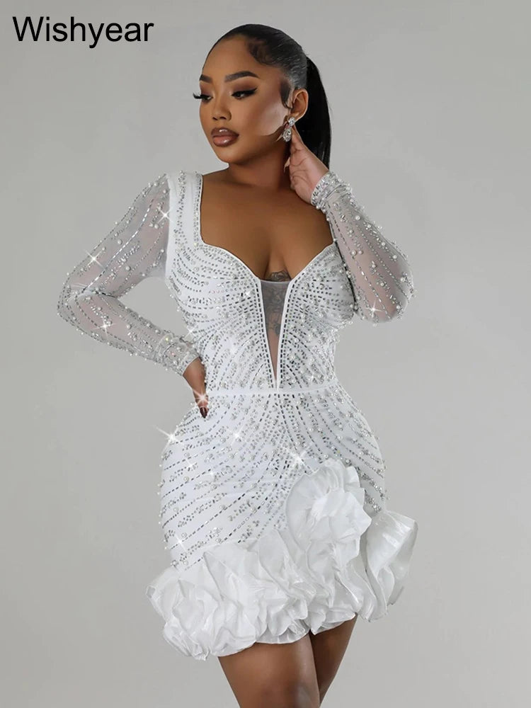 Luxury Evening Rhinestone Pearls Bodycon Ruffle Mini Dress