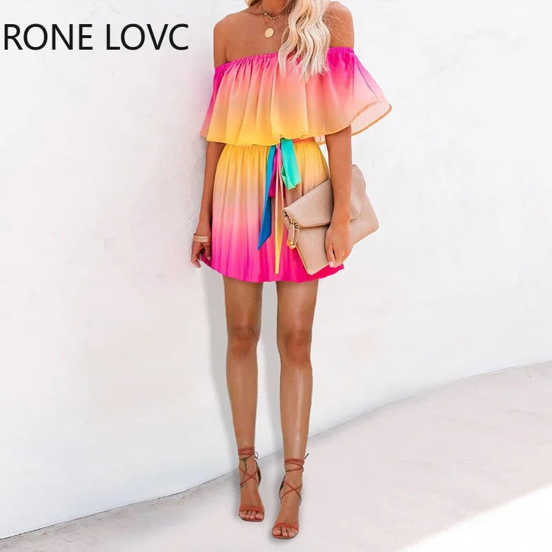 Chic Gradient Colour Tie-Dye Off-Shoulder Ruffles Mini Dress