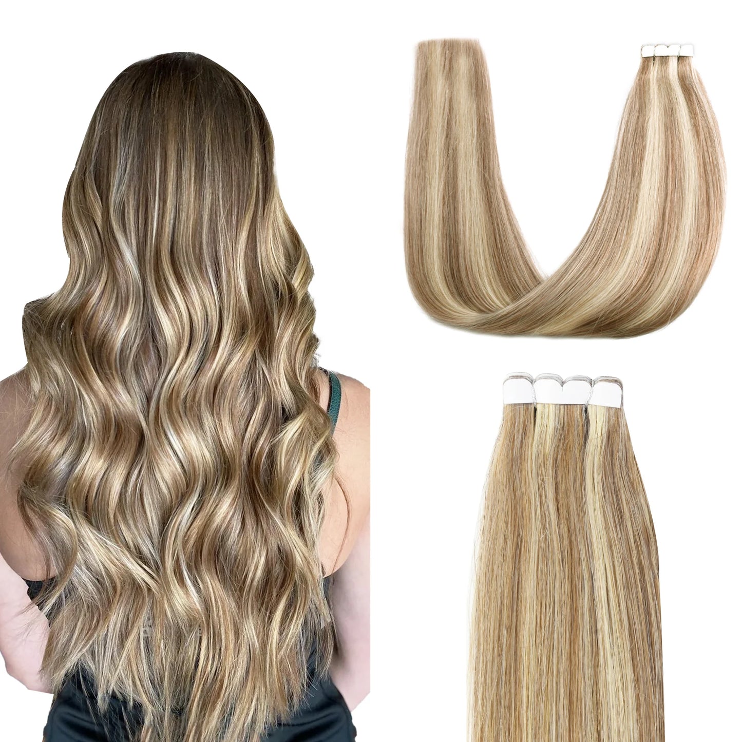 K.S WIGS Mini Tape in Hair Extensions Human Hair Straight Seamless Skin Weft Real Natural Brazilian Hair For Women Balayage 10Pc