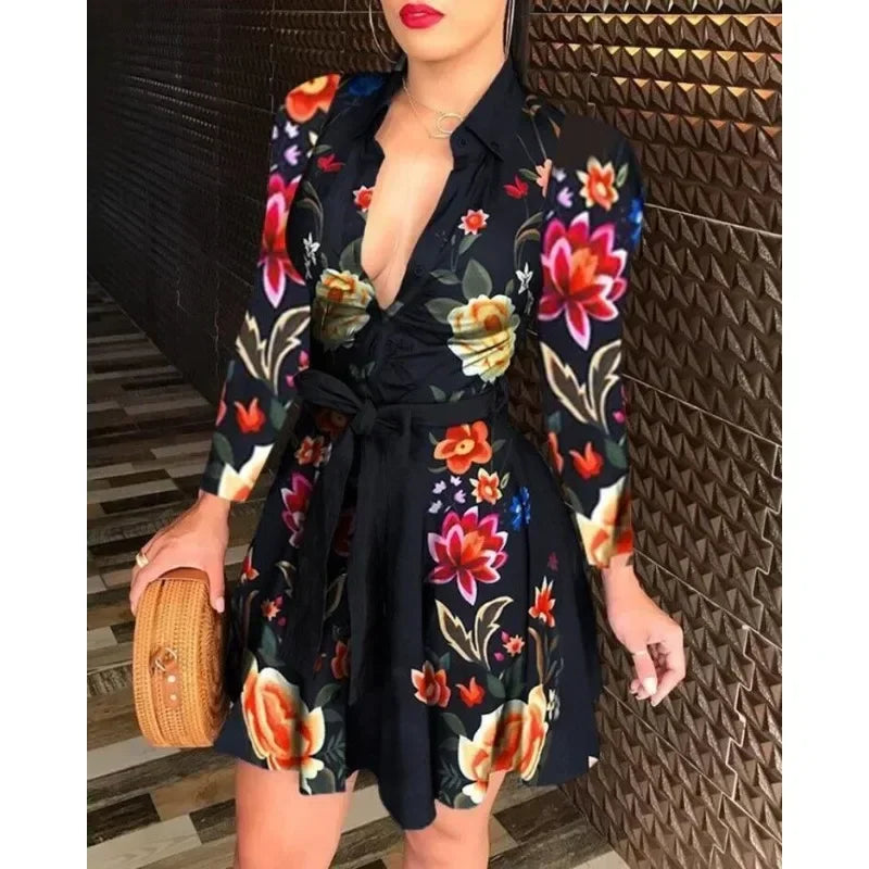 Casual Long-Sleeve Dress With Buttons & Lapels
