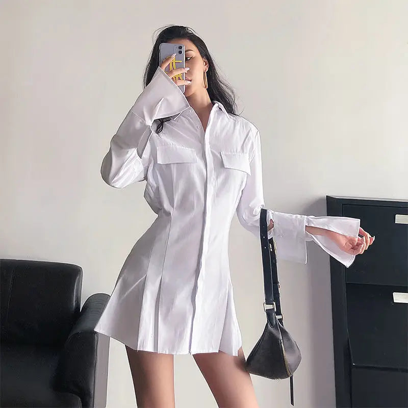 Novelty Button-Up Trendy Blouse-Cum-Mini Dress