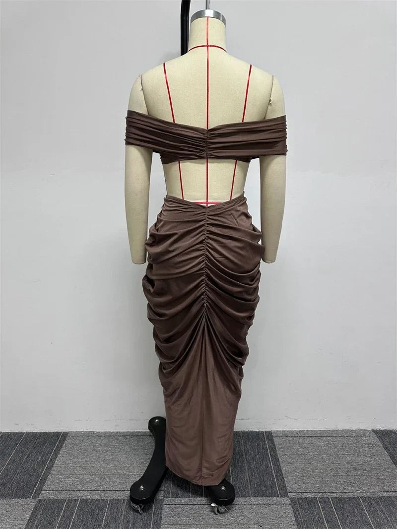 Sexy Party Night Ruched Maxi Dress Sets for Women Two Piece Set Sexy Club Outfits Slash Neck Crop Top + Long Skirt Matching Sets