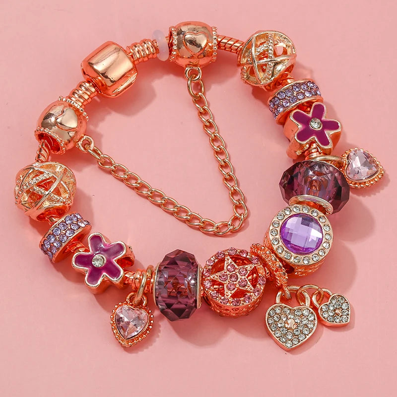 Rose Golden Purple Lloret Heart-Shaped Pendant Charm Bracelet