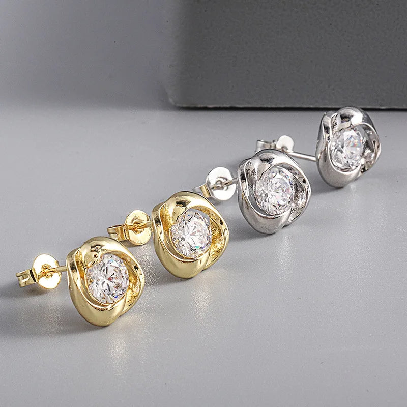 Simple-Style Two-Tone Rose-Shaped Zircon Earrings