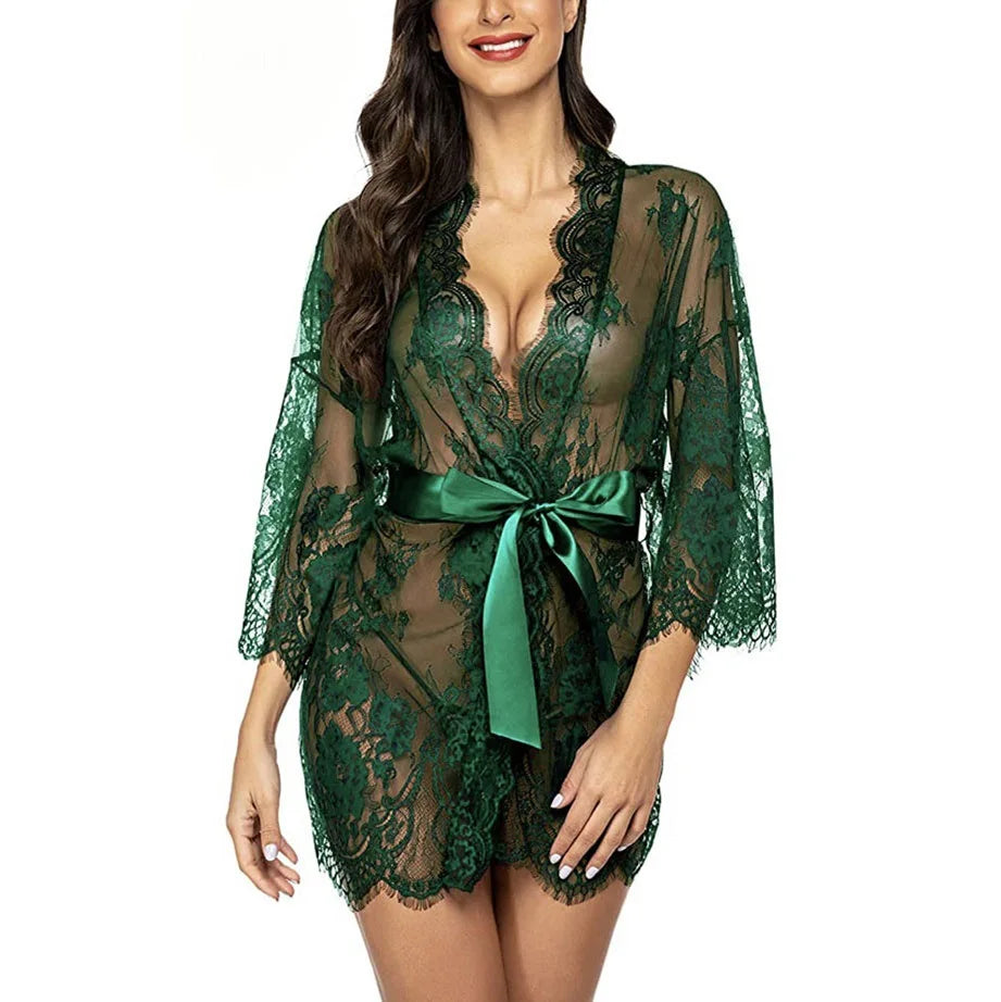 Sexy Lace Nightgown Robe Set for Women Sheer V Neck Lingerie Babydoll Dress with Kimono Gown and Thong Six Elegant Styles