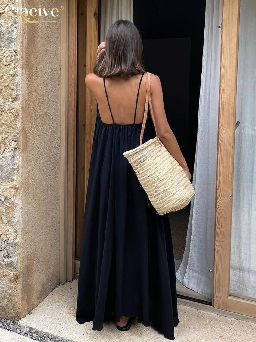 Clacive Loose Black Fashion Strap Sleeveless Ankle-Length Dress