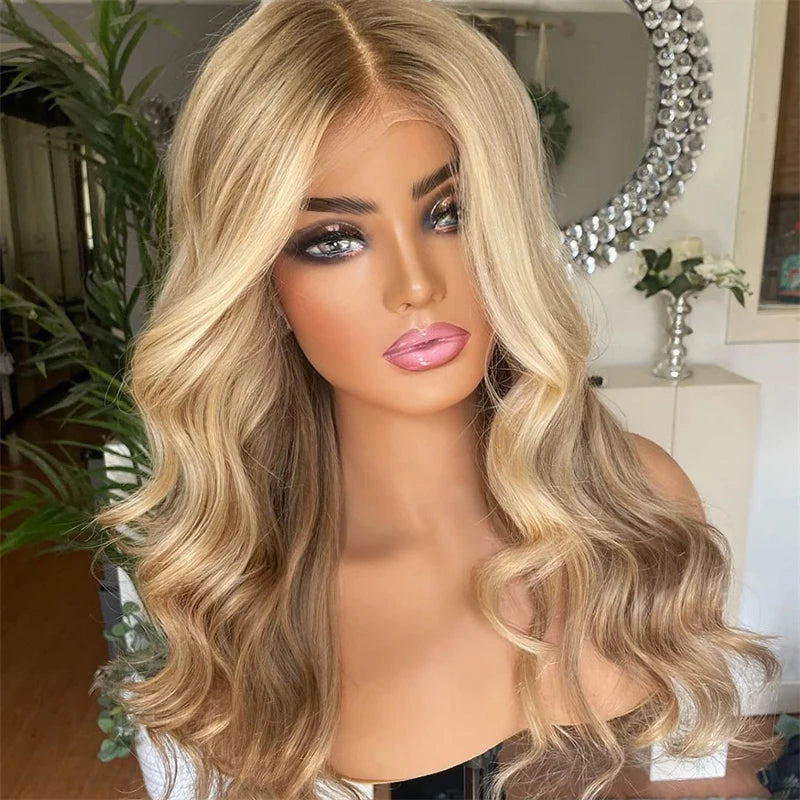Blond Wig Long Short Women"s Wigs Light Brown with Honey Blonde Highlights Human Hair Full Lace Wig 13x6 Lace Frontal Wig Qearl