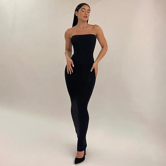 Cutenova Slim Solid Strapless Wrap Hipster High-Waist Long Dress