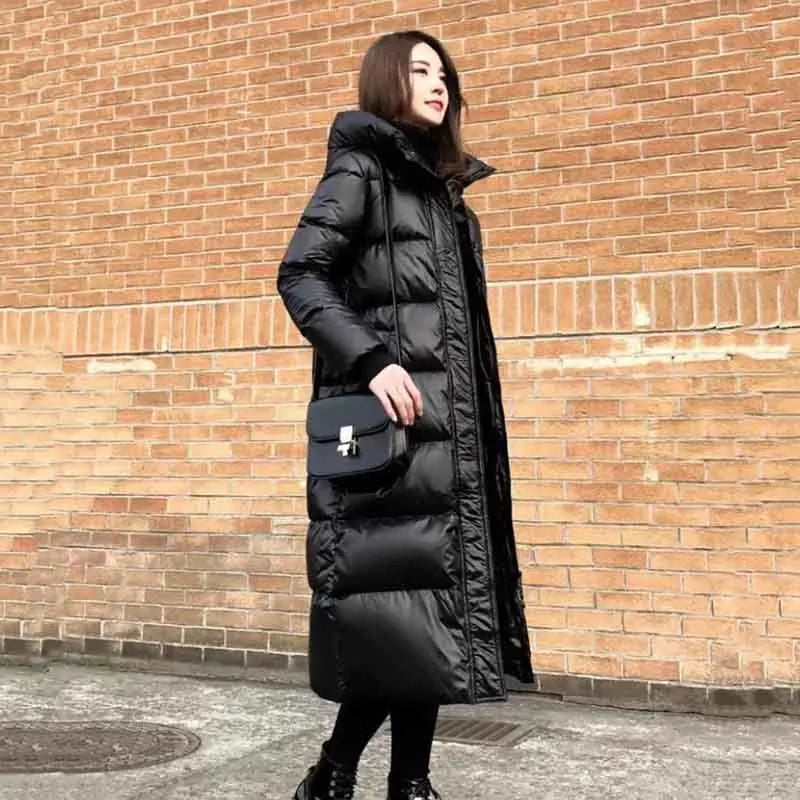 Over-The-Knee Glossy  Slim Hooded Winter Jacket