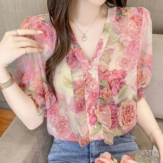 Floral Print Elegant V-Neck Chiffon Blouse