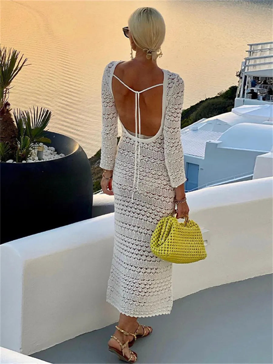 Backless Tie-Up Knit Crochet Beach Long Dress