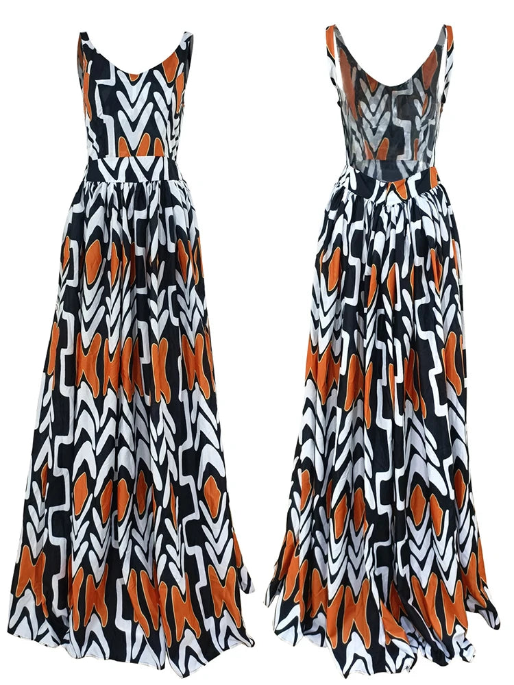 Backless Boho Print Big Swing Maxi Dress
