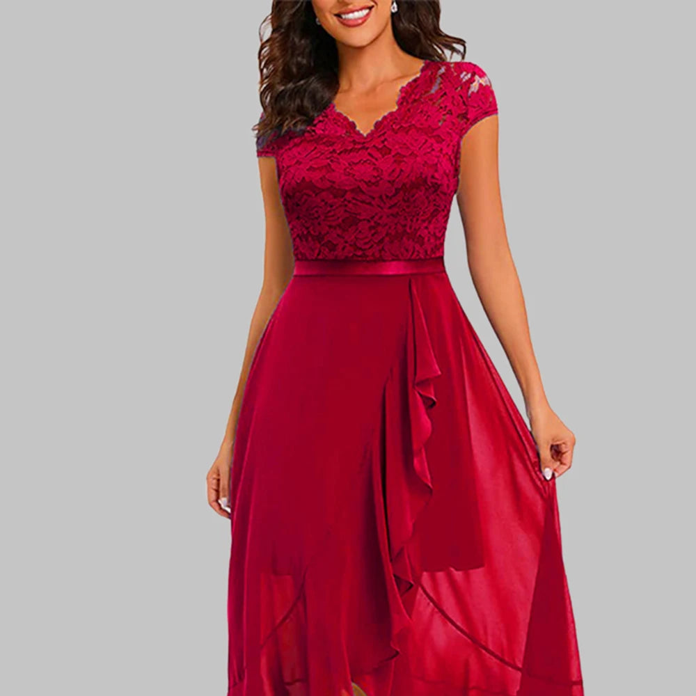 Asymmetrical Solid Lace V-Neck Midi Mesh Dress