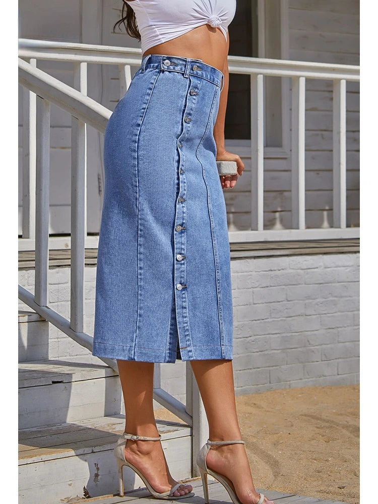 A-Line Button Side-Split High-Waist Denim Skirt