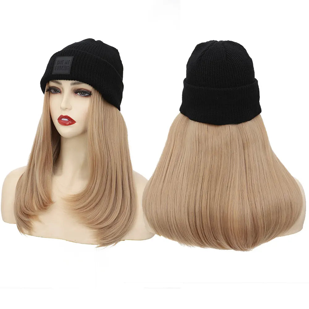 S-noilite Synthetic Black Hat Wig Beanies Hat With Hair Wigs For Women Straight Wavy Hair Warm Plush Knitted Autumn Winter Cap