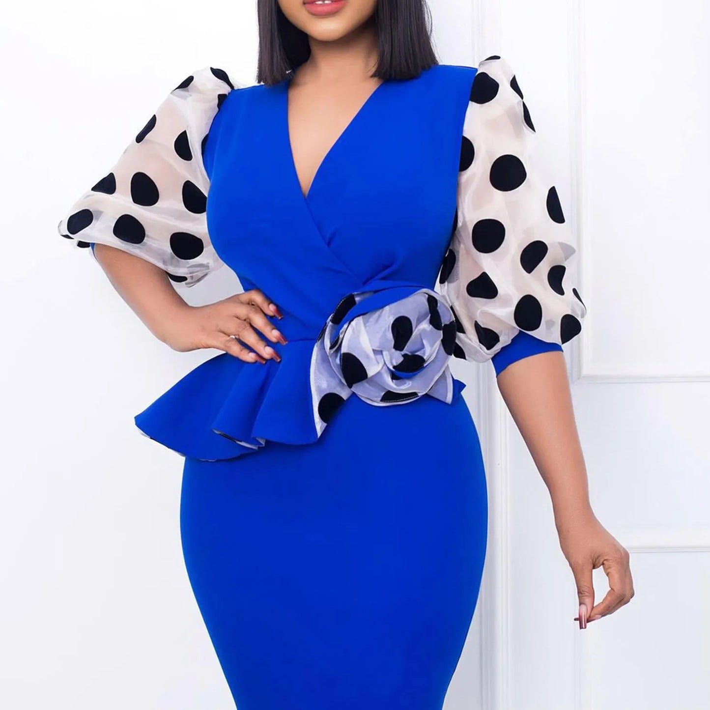 Polka Dot Bodycon Short-Sleeve V-Neck Midi Dress