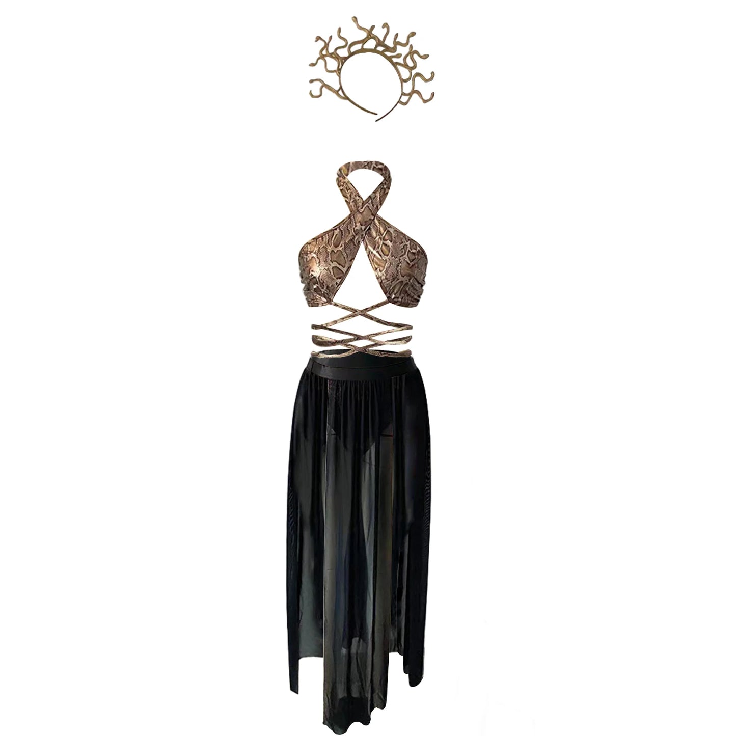 Greek Goddess Cosplay Costume for Women Halter Neck Tank Tops Slit Long Skirts and Arm Tie Straps Set Role Play