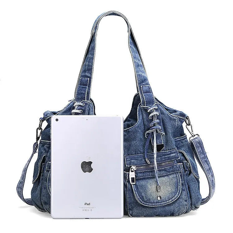 Denim Hobo Shoulder Bag - Large Capacity