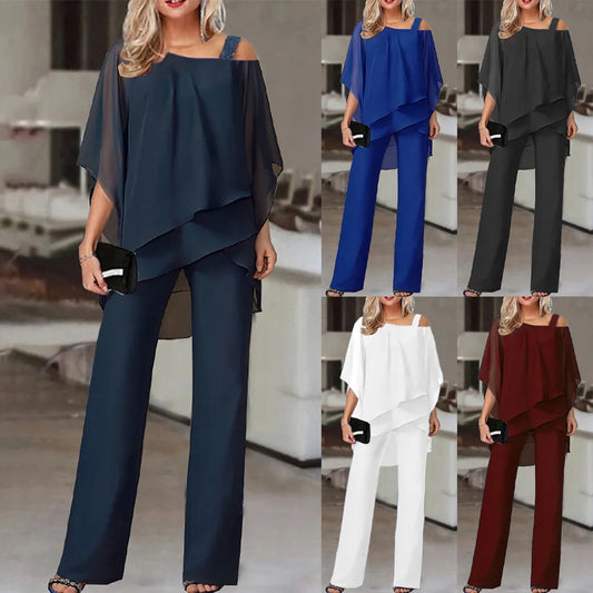 Solid-Colour Cold-Shoulder Two-Piece Set Jumpsuit