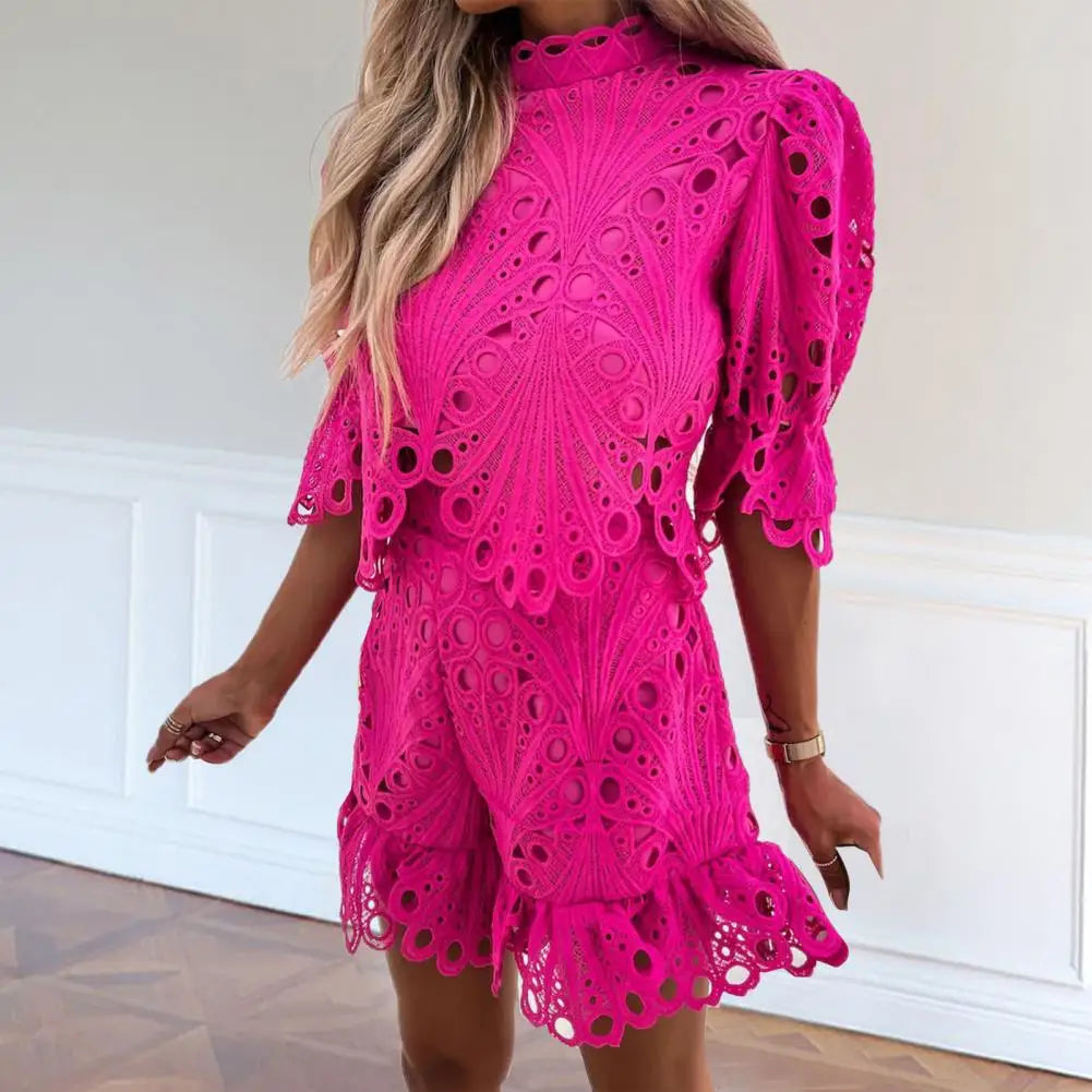 Solid-Colour Lacing Flare Sleeves Hollow-Out Top + Shorts