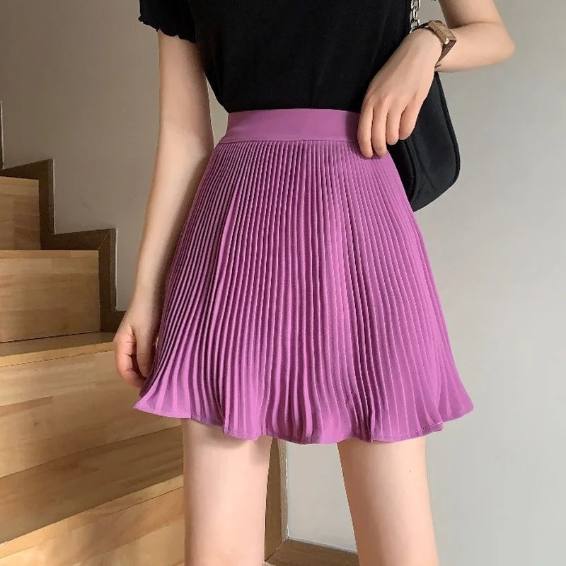 Pleated Short Elastic-Waist Mini Skirt