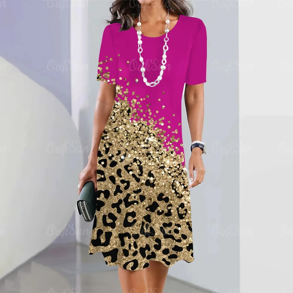 Leopard Print O-Neck Midi Dress