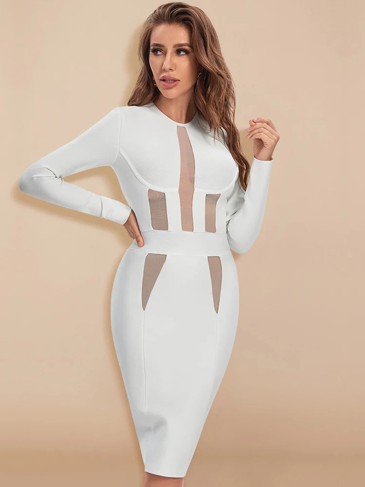 Long-Sleeve Mesh Bandage Hollow-Out Bodycon Dress