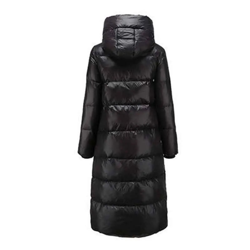 Over-The-Knee Glossy  Slim Hooded Winter Jacket