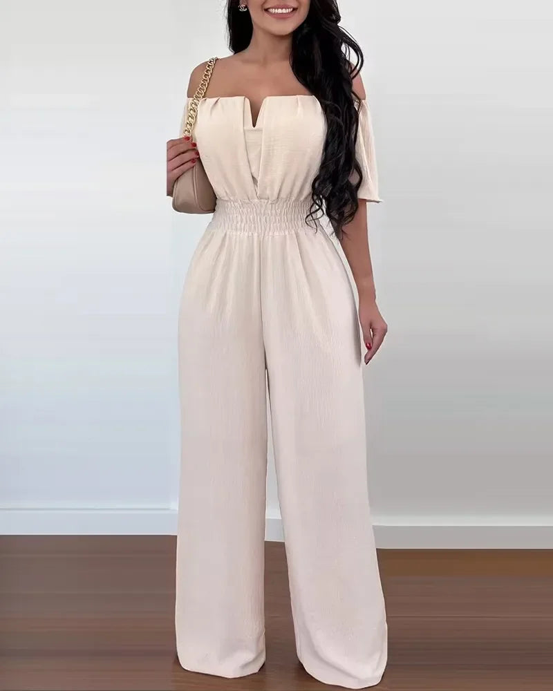 Off-Shoulder Shirred-Waist Wide-Leg Jumpsuit
