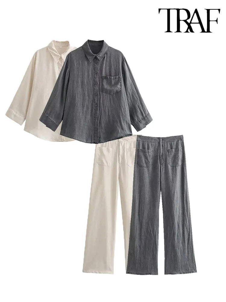 Linen Shirt + Long Pants Streetwear Outfit For Women