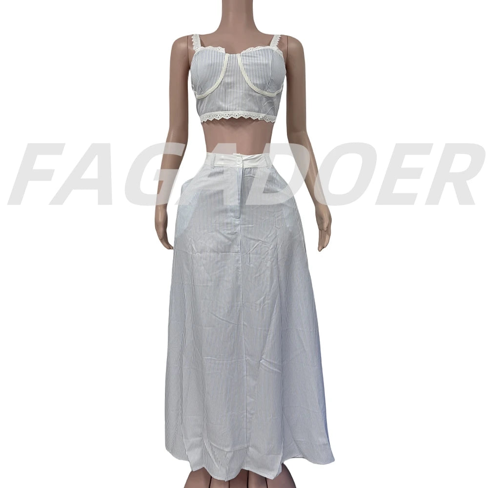 FAGADOER Elegant Lace Patchwork 2 Pieces Set for Woman Spaghetti Strap Stripes Camisole and Skirt Female Streetwear Vestidos New