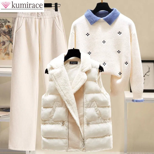 Lamb Fleece Tank + Top Long-Sleeve Knitted Sweater + Wide-Leg Pants - Three-Piece Women's Warm Outfit