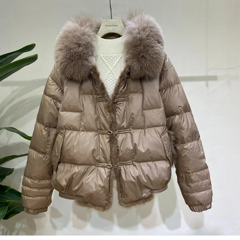 Women's New Winter Big Fur Collar Stitching Mink Short Down Jacket